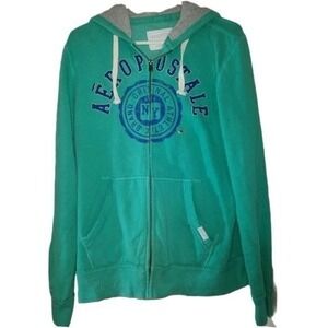 Vintage Aeropostale Full Zip Hoodie Green Blue Logo Graphic Medium Women